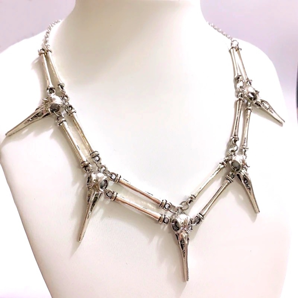Silver Raven Bird Head Skull Choker Necklace